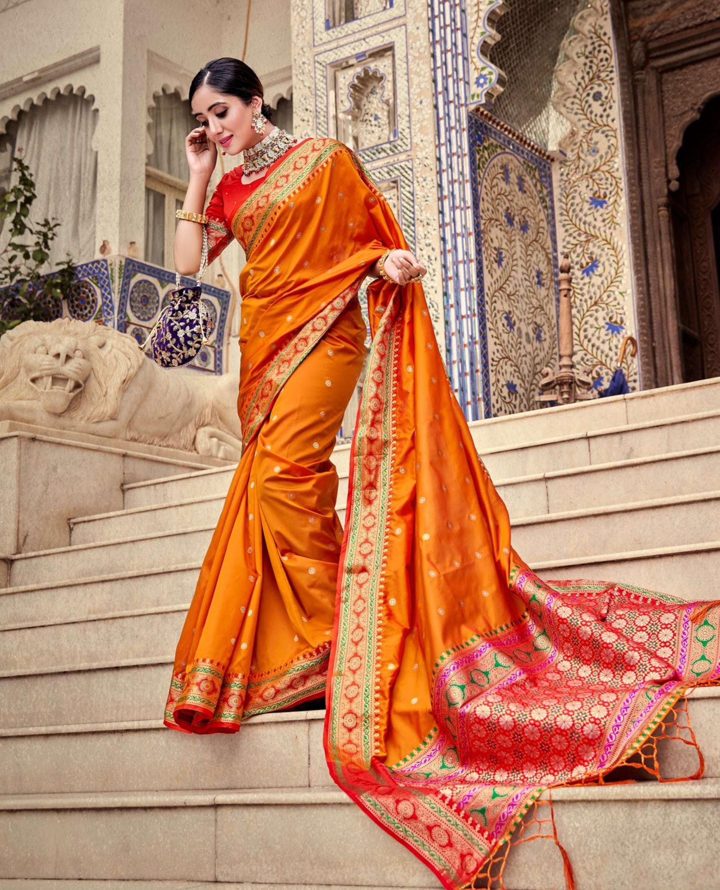 Orange And Red Pure Silk Kanjivaram Saree | Laxmi Style